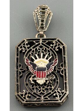 Vintage Patriotic Eagle Pendant Sterling Silver Enamel Filigree  Encore Deco